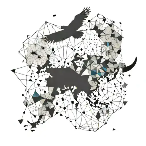 Create a tattoo of a geometric world map with a bird flying over it to symbolize the client's passion for both traveling and birds tattoo design idea