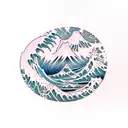 Mountain range with a hidden waterfall leading to ocean with crashing waves tattoo design idea
