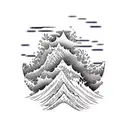 Mountain range with a hidden waterfall leading to ocean with crashing waves tattoo design idea