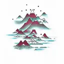 Mountain range with a hidden waterfall leading to ocean with crashing waves tattoo design idea