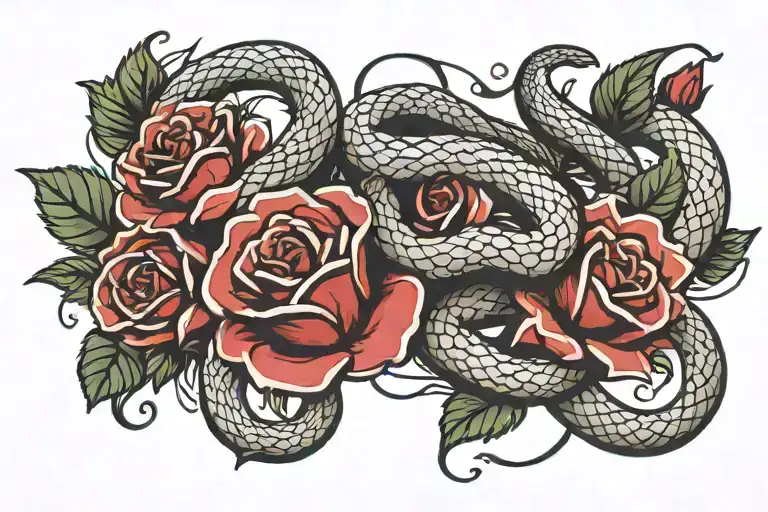 Tattoo with a snake cut in 3 pieces and from each of them red roses comes out. Snake not too realistic and goes horizont tattoo design idea