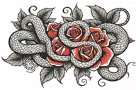 Tattoo with a snake cut in 3 pieces and from each of them red roses comes out. Snake not too realistic and goes horizont tattoo design idea