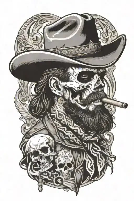 cowboy skull with a beard, smoking a cigar,  tattoo design idea