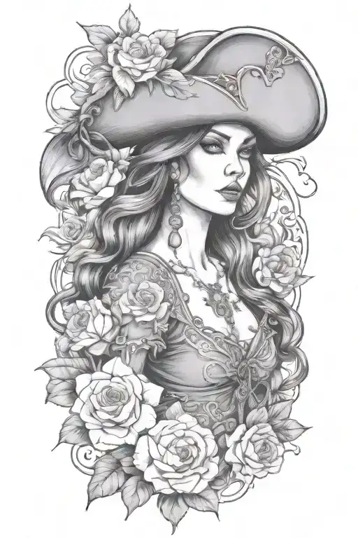 female pirate with flowers growing tattoo design idea