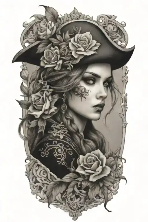 pirate female flowers surrounding tattoo design idea
