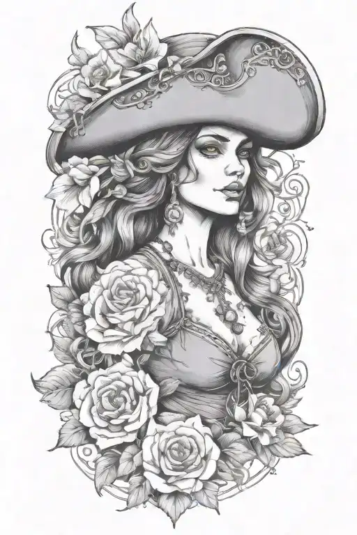 female pirate with flowers growing tattoo design idea