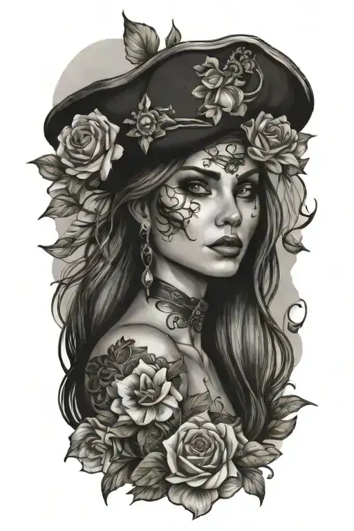 female pirate with flowers growing tattoo design idea