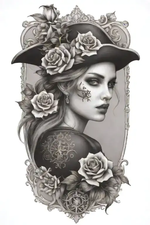 pirate female flowers surrounding tattoo design idea