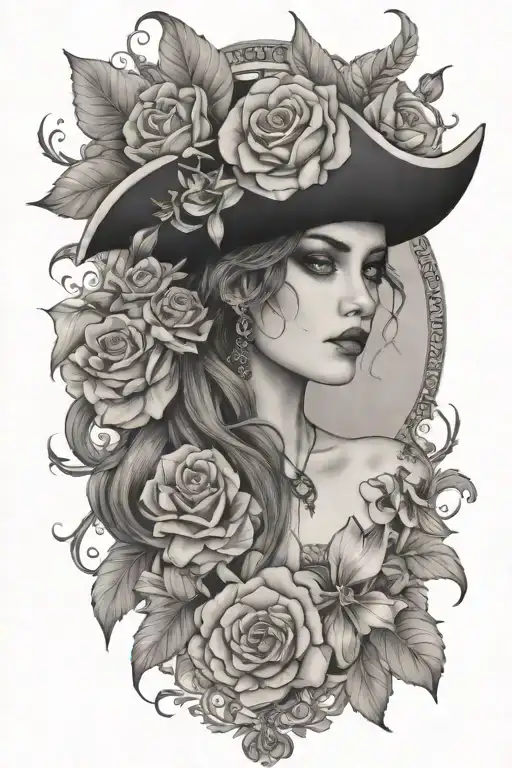 pirate female flowers surrounding tattoo design idea