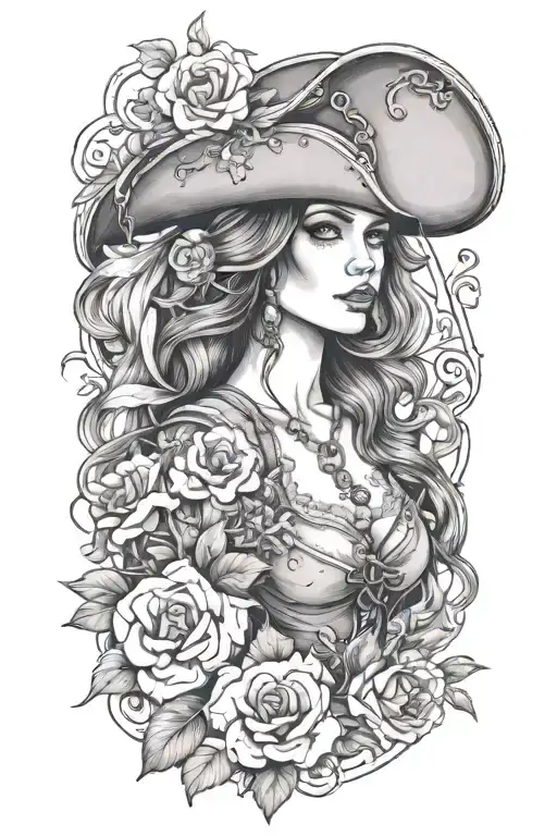 female pirate with flowers growing tattoo design idea