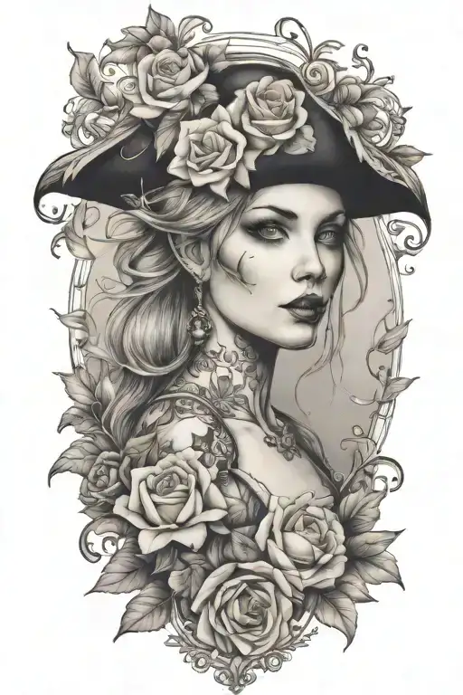 pirate female flowers surrounding tattoo design idea