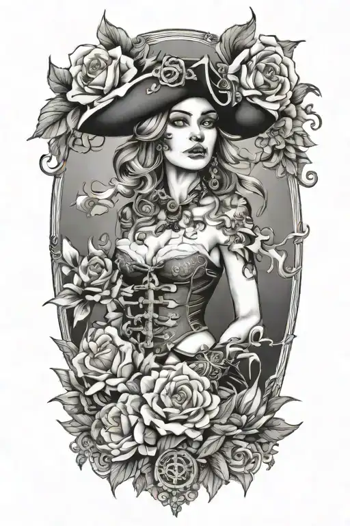 pirate female flowers surrounding tattoo design idea