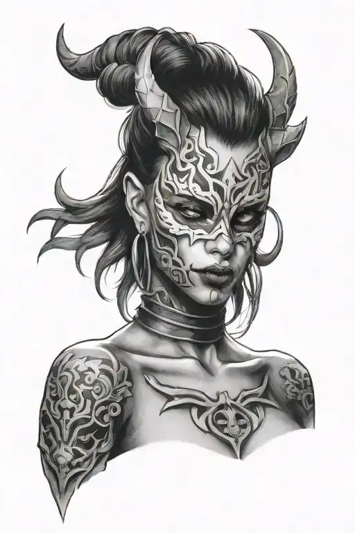 girl in a demon mask tattoo design idea