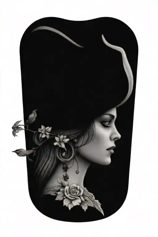 female pirate with flowers growing tattoo design idea