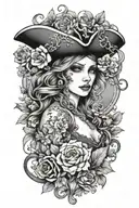 pirate female flowers surrounding tattoo design idea