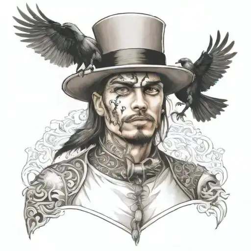 half young man with a topper hat and mask, half crow the spirt of bad luck  tattoo design idea