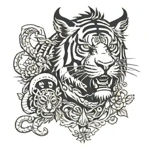 tiger, monkey, horse and ox horns rebreather tattoo design idea