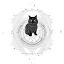 black cat sitting facing back and it's hanging tail becomes a geometric style spiral tattoo design idea