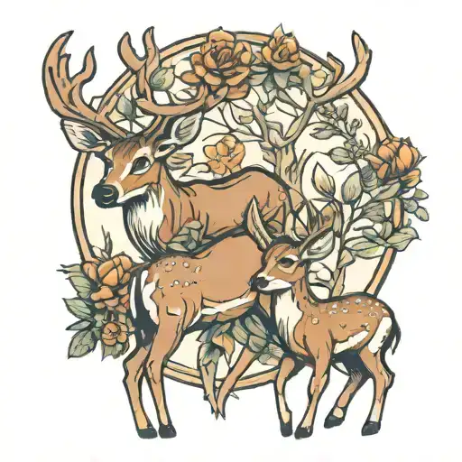 stag doe fawns tattoo design idea