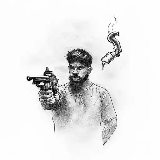 A gangster hanging a gun in one hand and smoking a joint his one arm handcuffed also money around him tattoo design idea