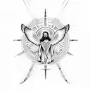 An intricate design featuring the holy trinity of God, Jesus, and the Holy Ghost with Archangel Michael tattoo design idea