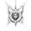 An intricate design featuring the holy trinity of God, Jesus, and the Holy Ghost with Archangel Michael tattoo design idea