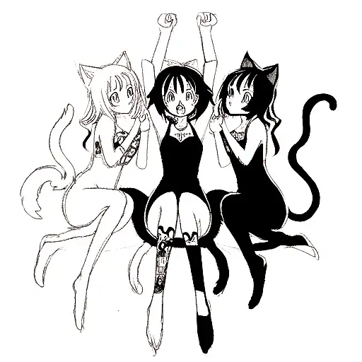 sketch tattoo with 3 cats and 2 dogs in black and white, and color the edges, around arm tattoo design idea