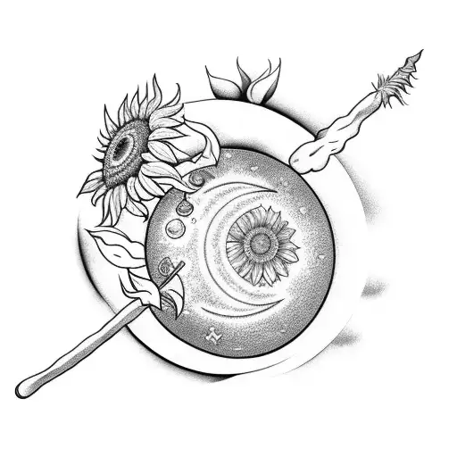 a magic stick with a sunflower and a moon in the back tattoo design idea