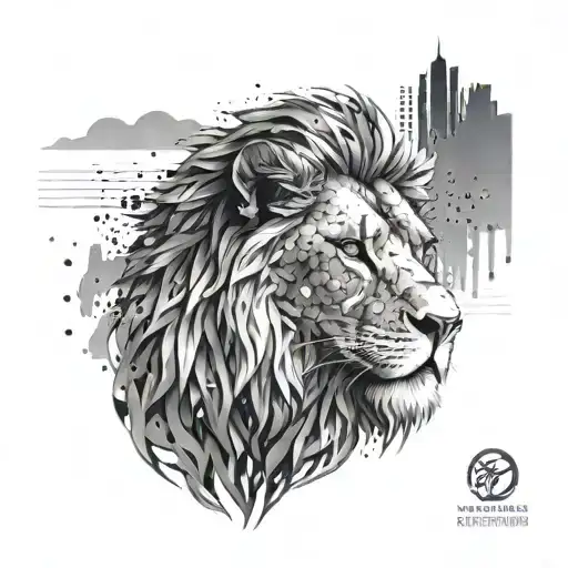 A lion's head emerging from a digital landscape, representing your strength and connection to the digital world tattoo design idea