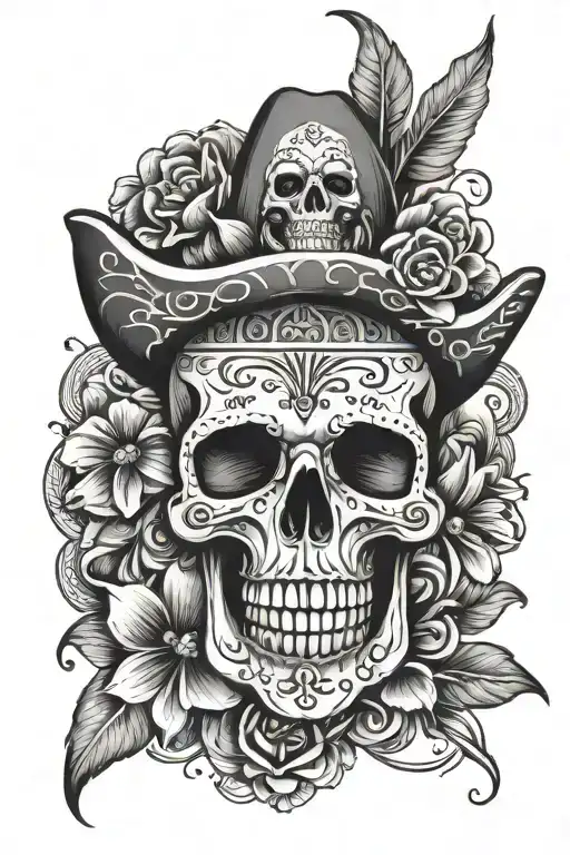 skull, mexican flag, flower large black tattoo design idea