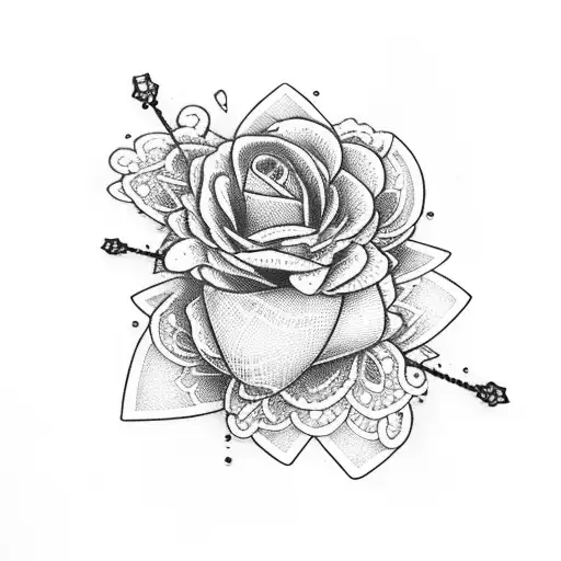 black bridal lace fishnet thigh garter with a bow and blue lilly flowers tattoo design idea