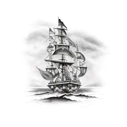 Pirate ships in a medieval harbor and the ships are on fire, swimming below the ships in the water is a sea serpent tattoo design idea