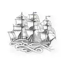 Pirate ships in a medieval harbor and the ships are on fire, swimming below the ships in the water is a sea serpent tattoo design idea