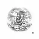 Pirate ships in a medieval harbor and the ships are on fire, swimming below the ships in the water is a sea serpent tattoo design idea