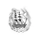 Pirate ships in a medieval harbor and the ships are on fire, swimming below the ships in the water is a sea serpent tattoo design idea