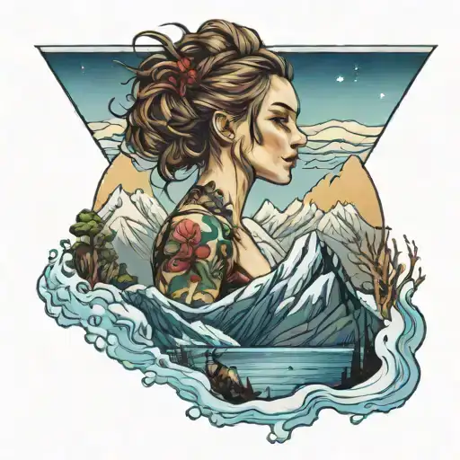 girl overlooking ocean and mountains in snow tattoo design idea