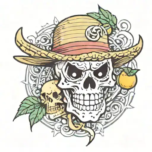 one piece anime, sunny, devil fruit, straw hat skull tattoo design idea
