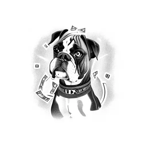A fierce boxer dog surrounded by dollar bills, representing the hard work and dedication of a railroader tattoo design idea