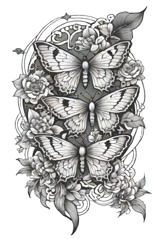 A geometric design incorporating lunar moths and flowers tattoo design idea