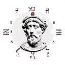 A bust of Marcus Aurelius and a clock with roman numerald at 11:11 inside a triangle. tattoo design idea
