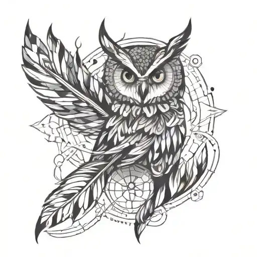 owl feather that's geometric on one side tattoo design idea