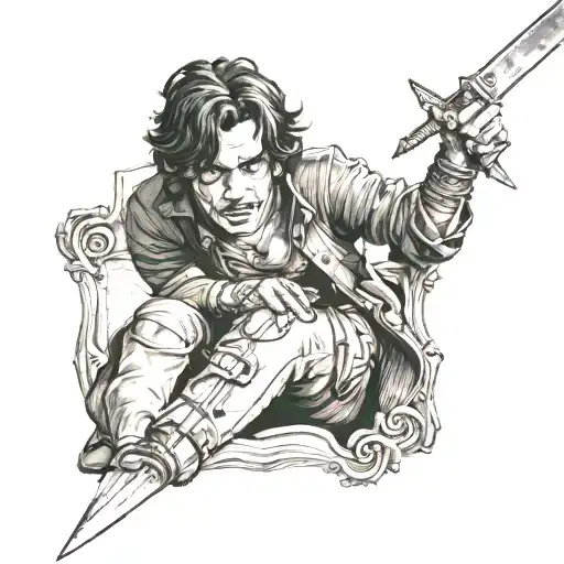 Paul Atreides raising a knife, looking over croud  tattoo design idea