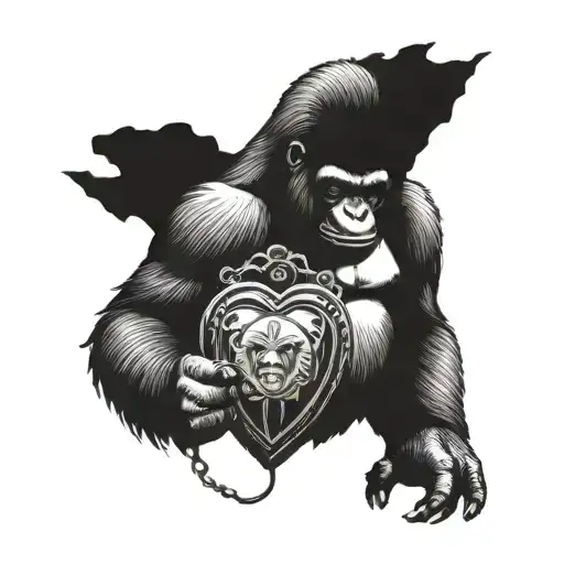 gorilla holding locket tattoo design idea