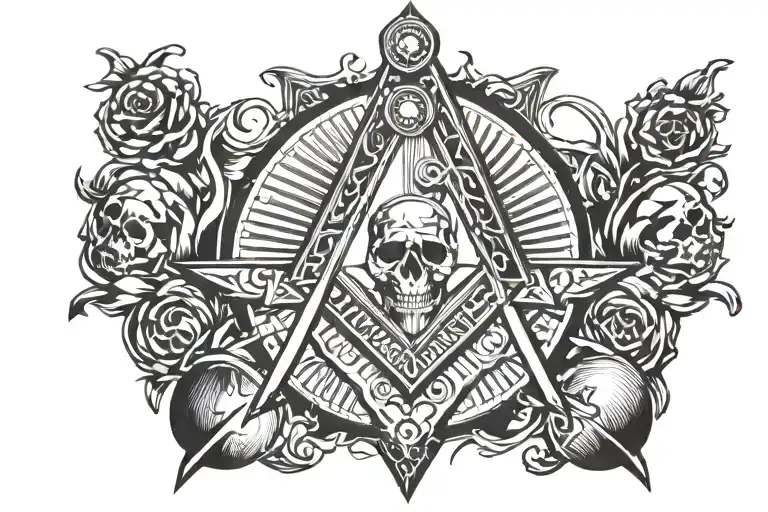 Freemason square and compass with skull surrounded tattoo design idea