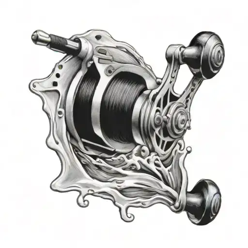 A black-grey tattoo of a fishing reel with a water ripple effect around it tattoo design idea
