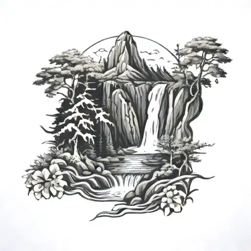 mountains,  woods, creek, waterfall, ayahuasca,    tattoo design idea
