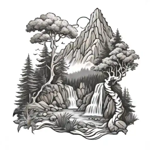 mountains,  woods, creek, waterfall, ayahuasca,  san pedro tattoo design idea