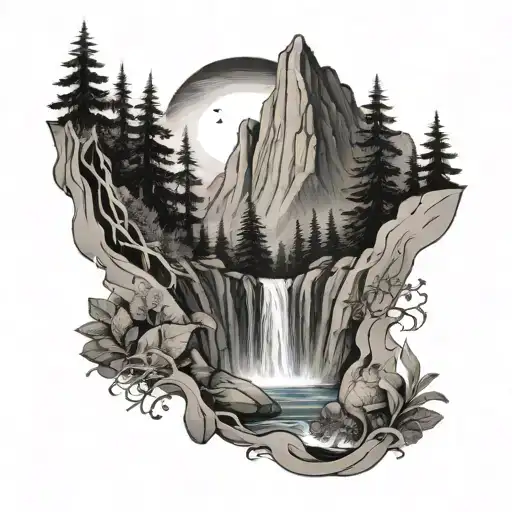 mountains,  woods, creek, waterfall, ayahuasca,  san pedro tattoo design idea