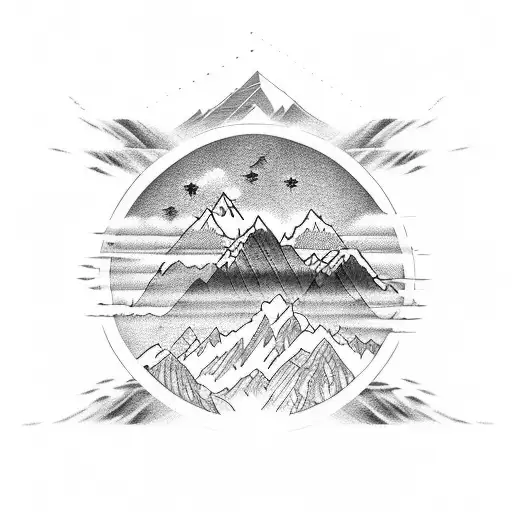 half sleeve tattoo mount everest and buddha line drawing, tibetan prayer flags in color tattoo design idea