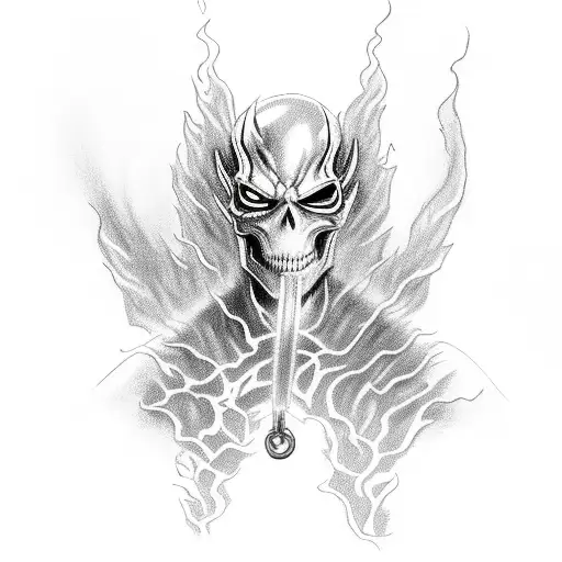 Ghost rider posing with his chain in flames tattoo design idea